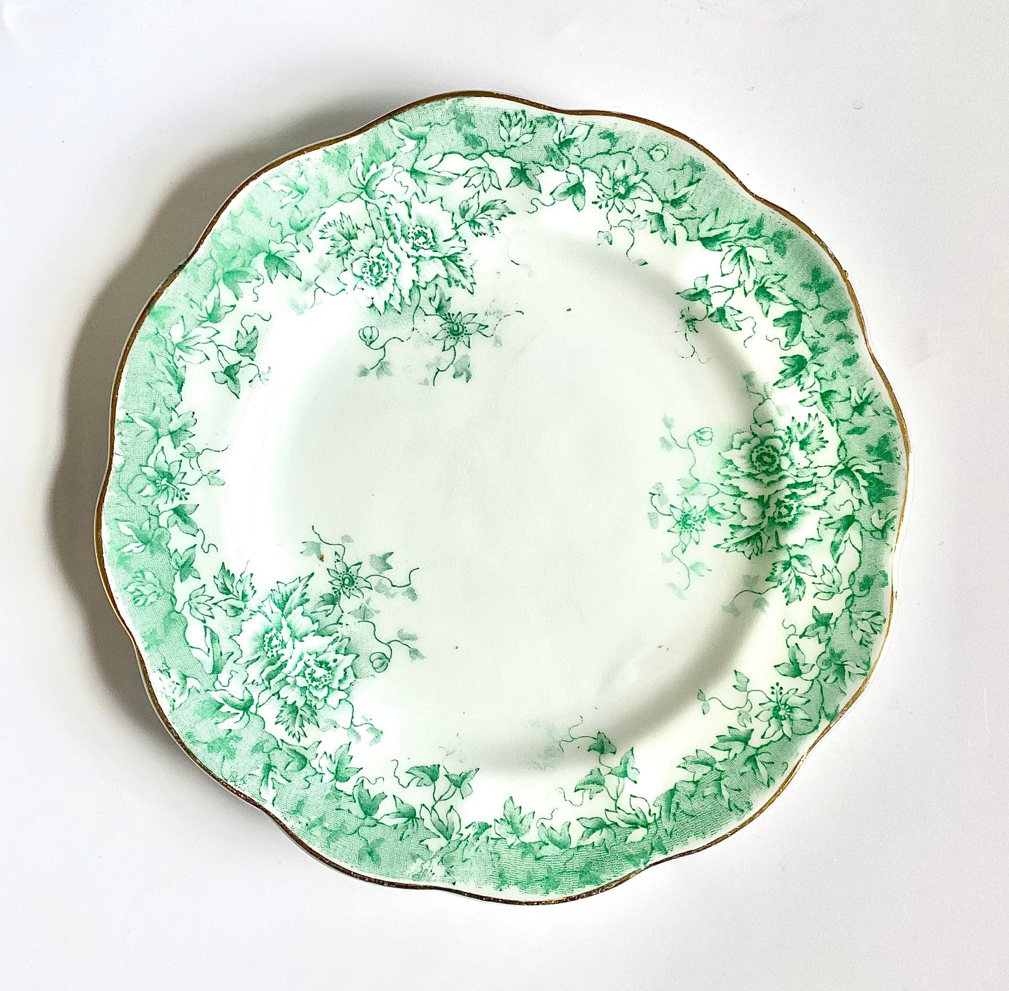 A Chinoiserie set of bone china side plates, a saucer and a cup in a mint green. The plates have scalloped rims with gold lustre edging.