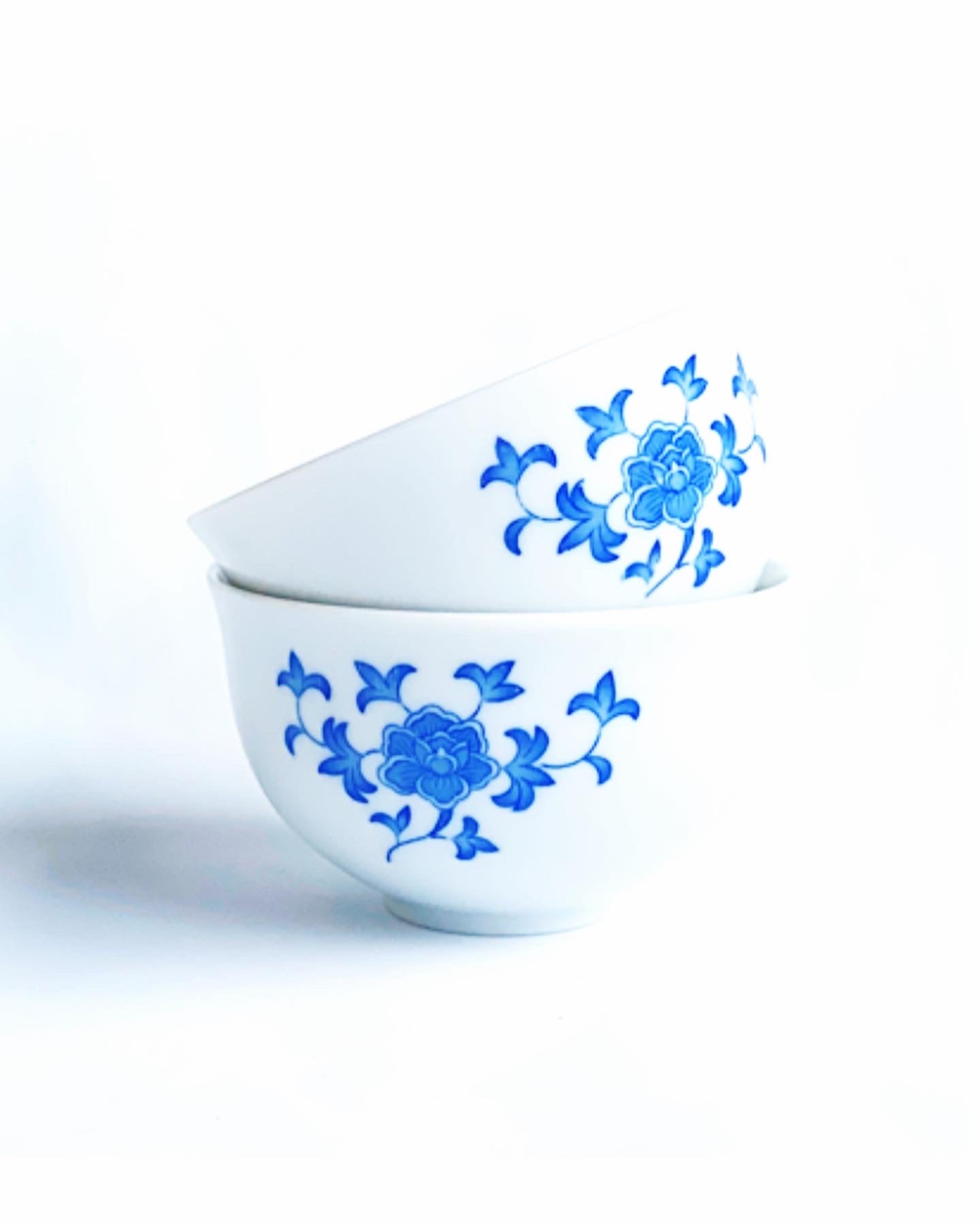 A collection of blue and white ceramic bowls and with one larger one .