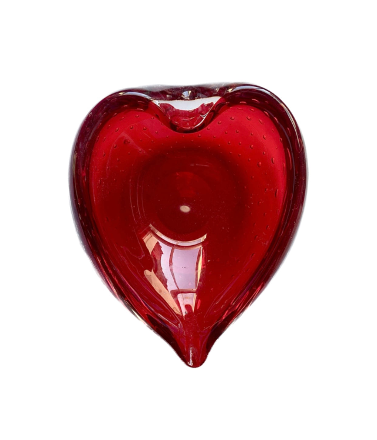 A Murano deep cherry red glass heart bowl .