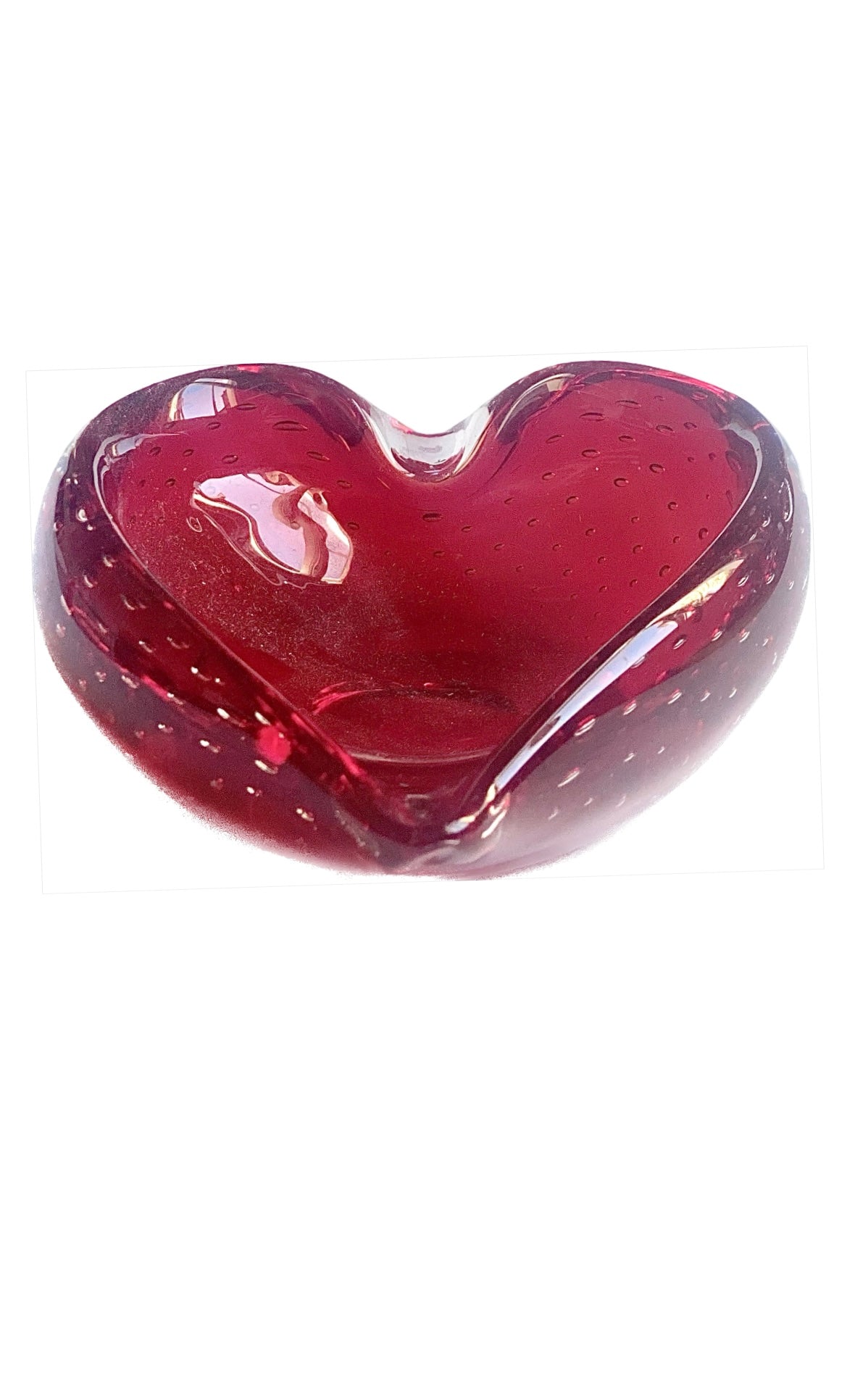 A Murano deep cherry red glass heart bowl .