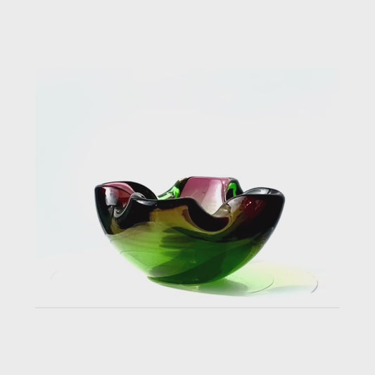 A Murano bowl cased in a deep blush pink , forest green and chocolate glass.