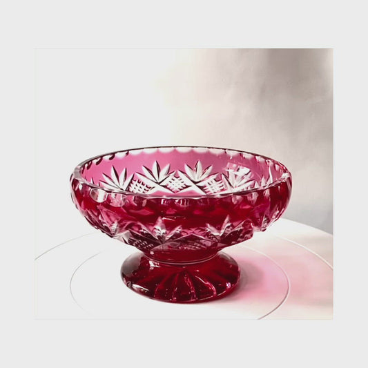 Cranberry red cut glass pedestal dish.