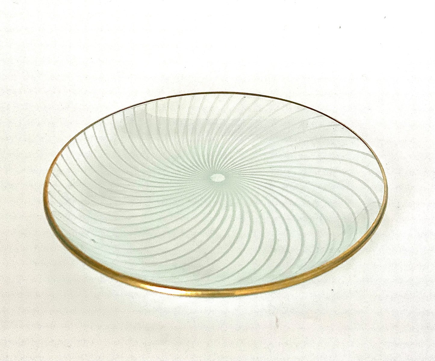 A pair of Whitefriars glass pin dishes with a gold lustred rim.